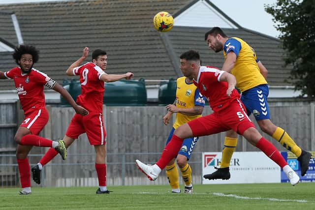 Rob Flooks wins a header for Gosport Borough against Kings Langley. Picture: Chris Moorhouse