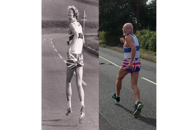 Jonathan Such in his running gear in 1974 - alongside a picture taken just this morning