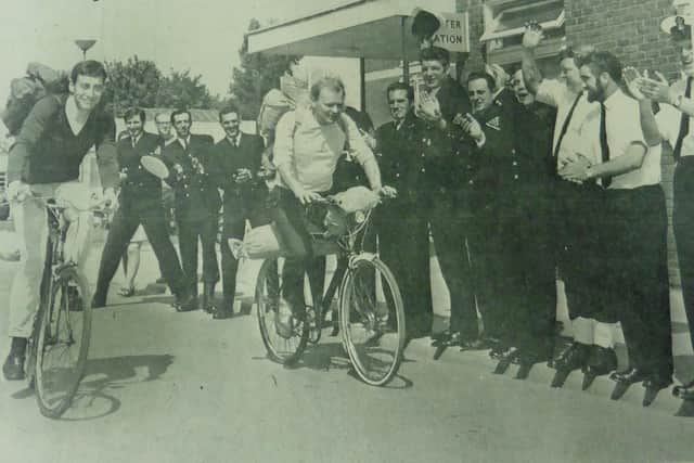 Alan Gifford and Ian Pugh setting off from the Petty Officers Mess at HMS Excellent.