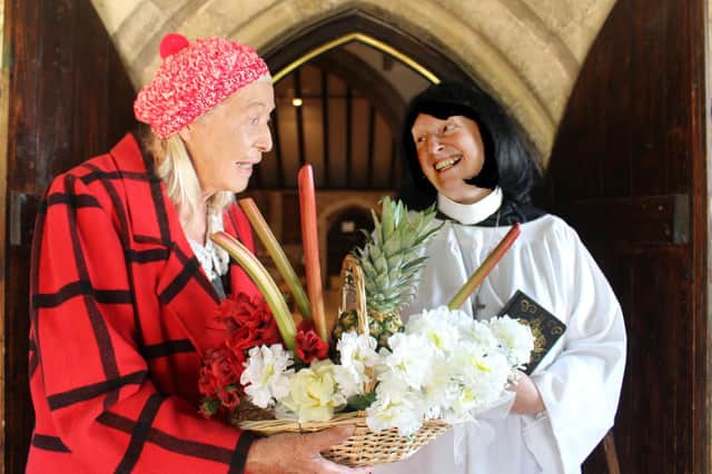 Anne Lloyd as Letitia Cropley and Debbie Porter as Geraldine Granger in the Vicar of Dibley by HIADS at the Station Theatre, Hayling Island.