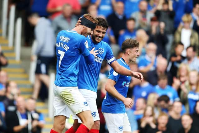 Pompey celebrate during their 4-1 win over Oxford United. Picture: Joe Pepler