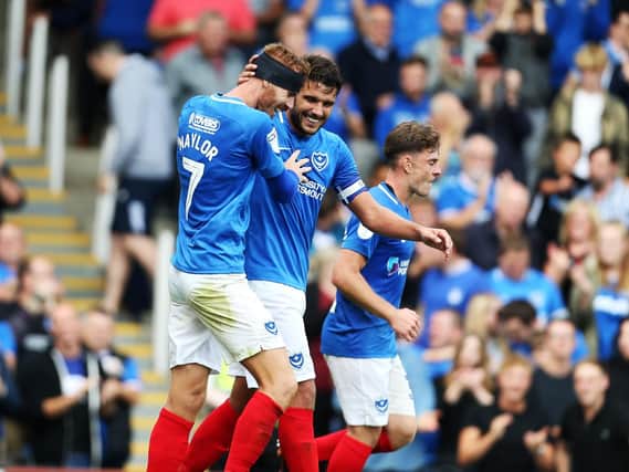 Pompey celebrate during their 4-1 win over Oxford United. Picture: Joe Pepler