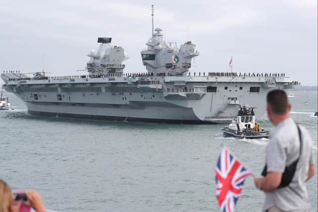 HMS Queen Elizabeth leaves Portsmouth on her way to the USA. Photo: PA