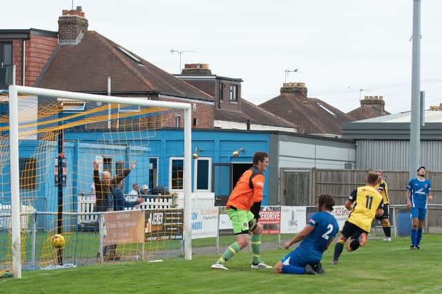 Lloyd Rowlatt scores the second goal for Moneyfields against Barnstaple Town. Picture: Vernon Nash