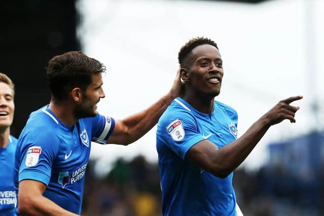 Jamal Lowe celebrates one of his two goals against Oxford United. Picture: Joe Pepler
