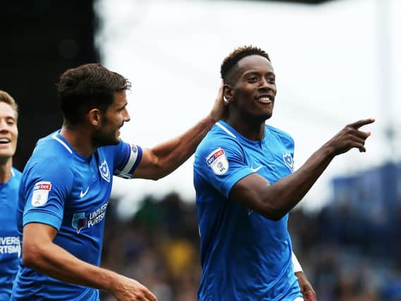 Jamal Lowe celebrates one of his two goals against Oxford United. Picture: Joe Pepler