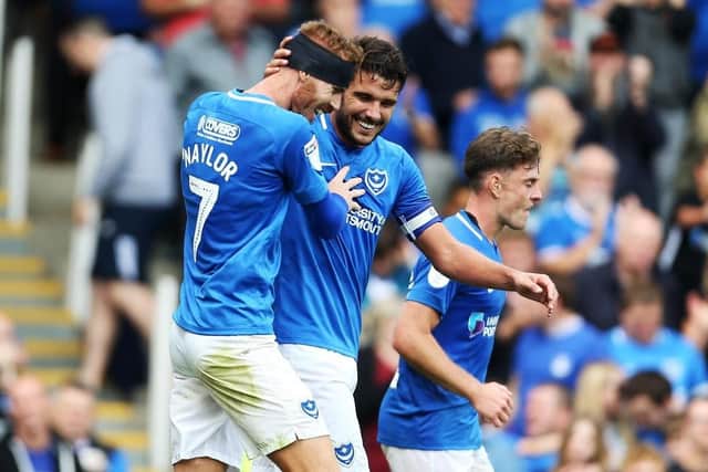 Gareth Evans celebrates his Pompey goal against Oxford United. Picture: Joe Pepler