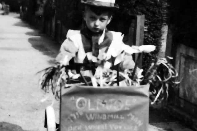 Robert Habens dressed as Old Joe the windmill man,  2d each for the Gosport carnival in 1952.