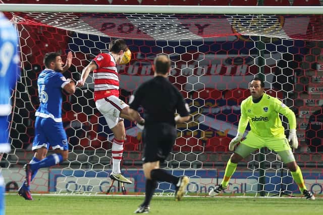 John Marquis heads home against Pompey in January 2017.  Picture: Joe Pepler