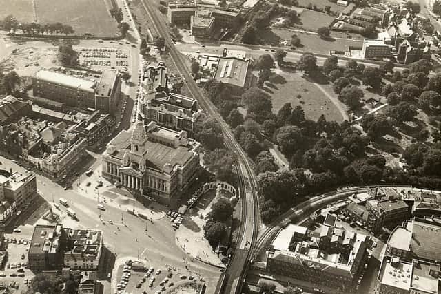 Then: Portsmouth Guildhall and the square, about 1970.