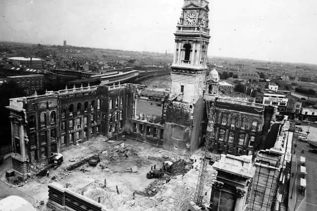 An aerial view of the heavily bombed Guildhall, circa 1953