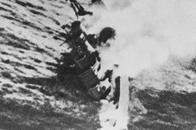 HMS Exeter sinking after the Battle of the Java Sea on March 1,1942.
