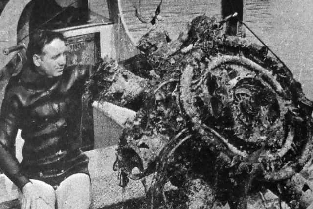 Maurice Harknett with the bomber's engine - a Bristol Perseus nine cylinder made in 1939.