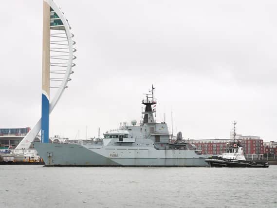 HMS Severn returning to Portsmouth before being decommissioned last year. The warship caught thieves in the act of plundering a First World War shipwreck.