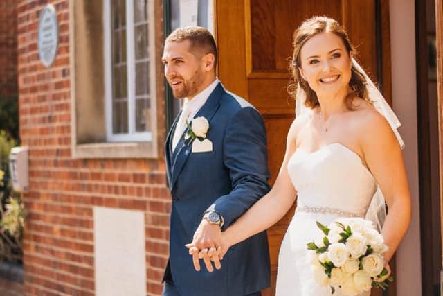 Adam and Georgia on their wedding day in July