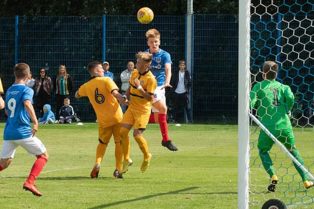 Ethan Robb scores to make it Pompey Academy 3 Newport 2 on Saturday. Picture: Keith Woodland