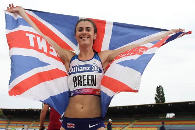 Olivia Breen celebrates her bronze medal at the World Para Athletics European Championships in Berlin. Picture: Ben Booth Photography
