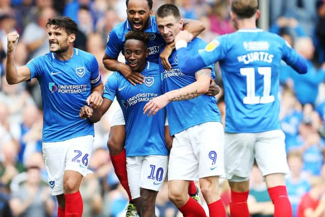 Pompey celebrate their 4-1 win over Oxford. Picture: Joe Pepler