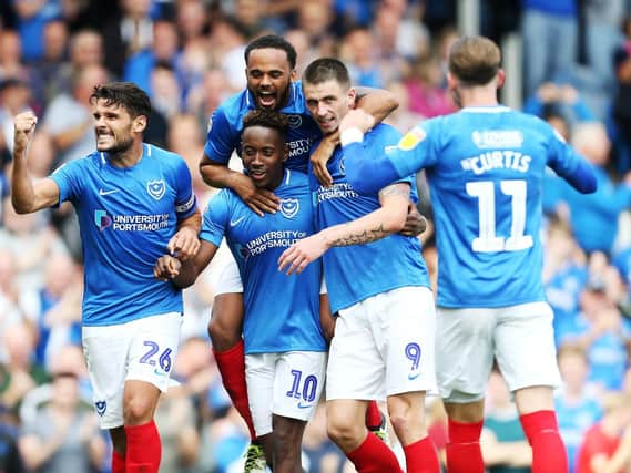 Pompey celebrate their 4-1 win over Oxford. Picture: Joe Pepler