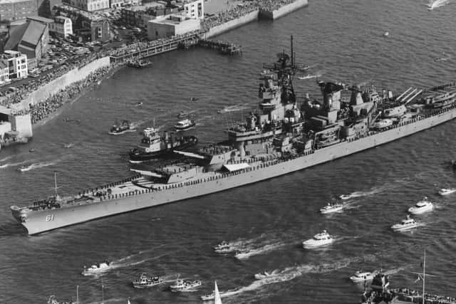 The battleship USS Iowa arrives in Portsmouth to to tumultuous welcome