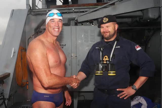 Lewis Pugh with the crew of Portsmouth-based minehunter HMS Hurworth. Photo: Royal Navy