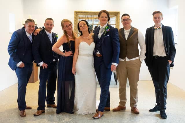 Mitzi Barber, Joelene Brazier's brother Sam, Millie Barber, Joelene, Sarah, Liane Dunk and Allie Simpson at Joelene and Sarah's wedding on Sunday. Picture: Carla Mortimer Photography