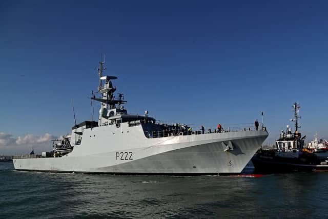 HMS Forth, the first of the Royal Navy's next generation offshore patrol ships arrives for the first time at her home base in Portsmouth. Photo: Gareth Fuller/PA Wire