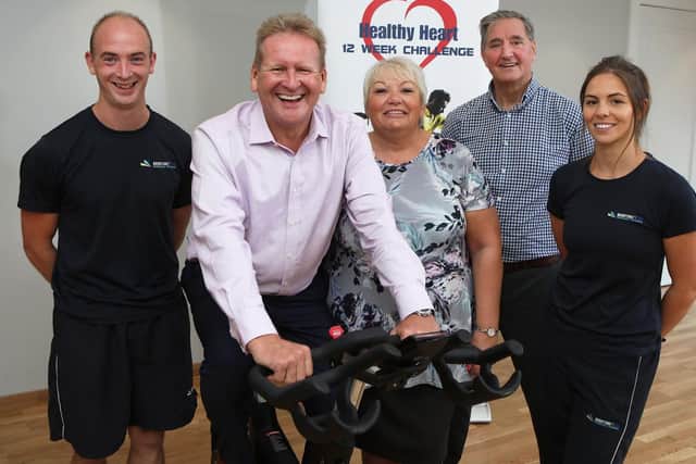12 Week Healthy Heart Challenge participants Lee Peck and Lisa Badger with representatives from Wessex Heartbeat and Brightside Personal Training