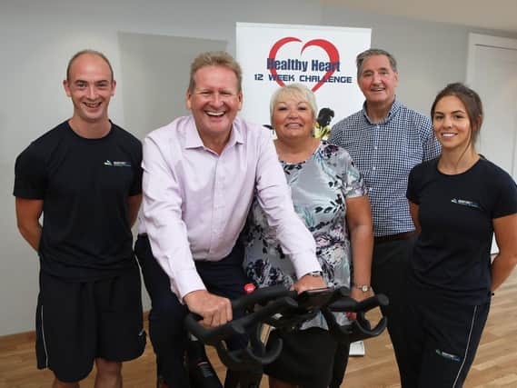 12 Week Healthy Heart Challenge participants Lee Peck and Lisa Badger with representatives from Wessex Heartbeat and Brightside Personal Training