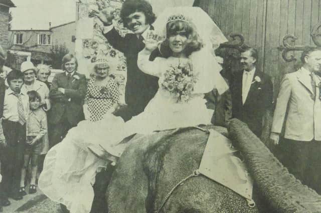 Penny Wheeler and Arthur Dean on one of the circus elephants which turned up at their wedding.
