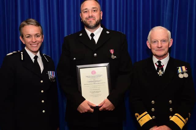 Hampshire police chief constable Olivia Pinkney, PC Malcolm Long and Vice Lord Lieutenant of Hampshire Rear Admiral Iain Henderson. Picture: Jan Brayley