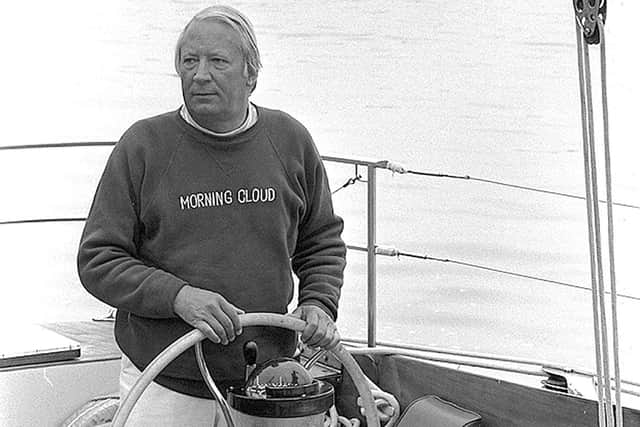 Premier Edward Heath at the wheel of his yacht Morning Cloud. Picture: Tim King.