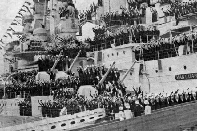 The Royal Family boarding HMS Vanguard for the 1947 tour of South Africa. In June 1947, King George VI, Queen Elizabeth plusPrincesses Elizabeth and Margaret boarded the last battleship built for the Royal Navy in Portsmouth,HMS Vanguard. They were setting off for a tour of South Africa. The ship first called at Portland where the Home Fleet was assembled and Vanguard steamed between two rows of battleships, cruisers and destroyers with thousands of sailors cheering from the decks and superstructures.