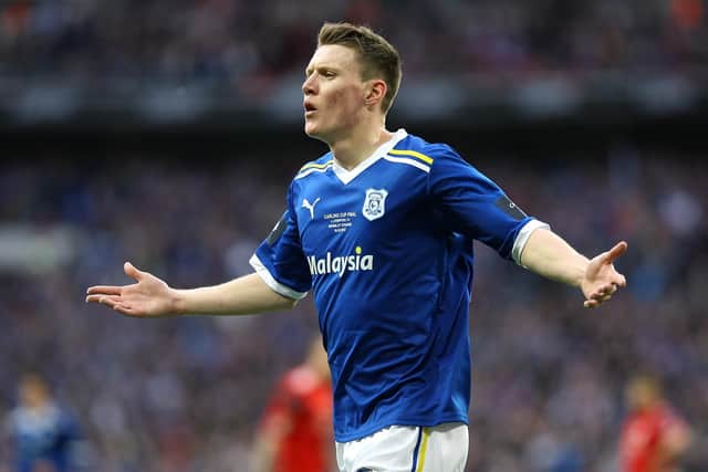 Joe Mason celebrates his goal during Cardiff's League Cup final defeat to Liverpool in 2012. Picture: PA Images