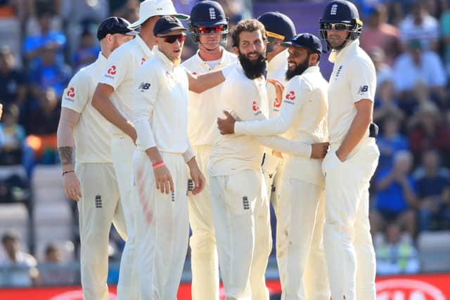 England's Moeen Ali celebrates the wicket of India's Ajinkya Rahane during day four of the fourth Test at the Ageas Bowl. Picture: PA Images