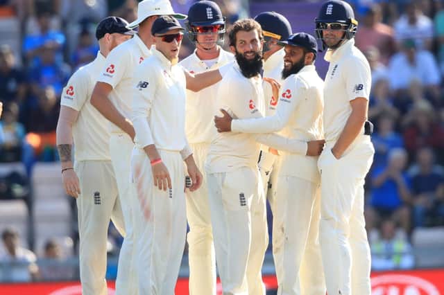 England's Moeen Ali celebrates the wicket of India's Ajinkya Rahane during day four of the fourth Test at the Ageas Bowl. Picture: PA Images