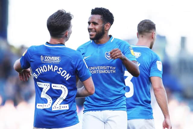 Nathan Thompson celebrates Pompey's win over Plymouth with Ben Thompson. Picture: Joe Pepler