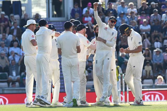 Joe Root celebrates the wicket of Ajinkya Rahane. Picture: Neil Marshall
