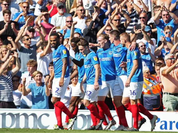 Pompey celebrate victory over Plymouth. Picture: Joe Pepler