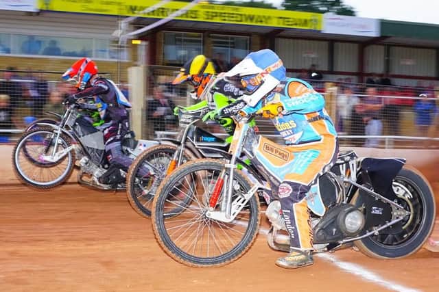 Alfie Bowtell, red, and Danno Verge, blue, helped the Warriors win in Derbyshire. Picture: Ian Groves/Sportography