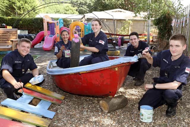 The naval airmen helping at the pre-school