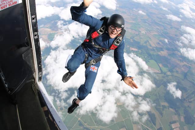 John Bream on a skydive with Bear Grylls safety academy