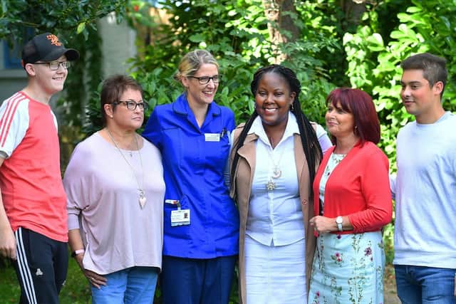 (left to right) Luke Palfreyman, Yvonne Dunham, Nurse Sandie Von Joel transplant co-ordinator, Michelle Hemmings, Jo Hext and Daniel Peel. Picture: John Stillwell/PA Wire
