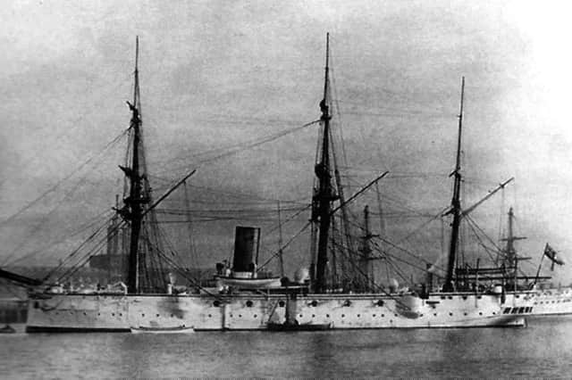 A transition scene in Portsmouth Harbour with the ship-rigged cruiser HMS Calliope built at Portsmouth and launched in 1884.