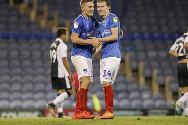 David Wheeler, left, celebrates his goal with Joe Mason. Picture: Robin Jones