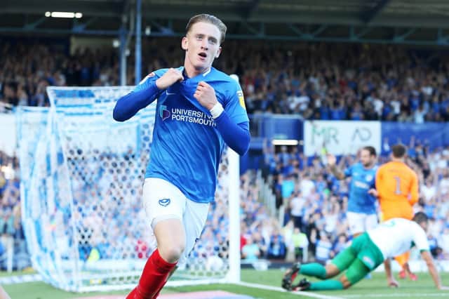 Ronan Curtis celebrates scoring the first goal against Plymouth.  Picture: Barry Zee.