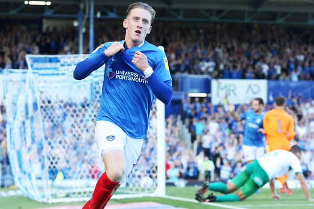 Ronan Curtis celebrates his match-winner at Bristol Rovers. Picture: Joe Pepler