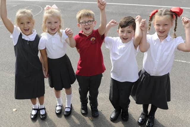 Children at Elson Infants School celebrate the schools OFSTED report. (l to r), Evie King, Olivia Hilton, Colby Sandford, Oscar Meredith and Hetty Blakeman all six.