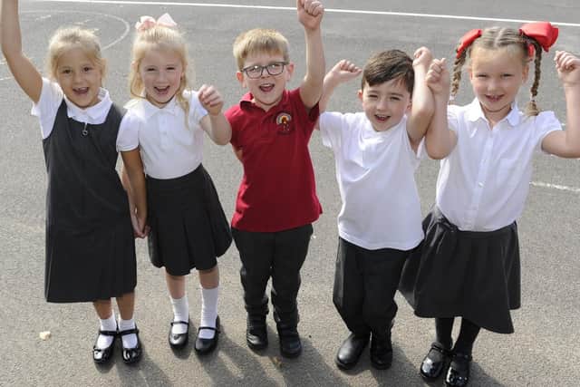 Children at Elson Infants School celebrate the schools OFSTED report. (l to r),  Evie King, Olivia Hilton, Colby Sandford, Oscar Meredith and Hetty Blakeman all six.