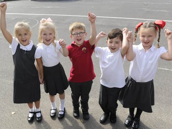 Children at Elson Infants School celebrate the schools OFSTED report. (l to r),  Evie King, Olivia Hilton, Colby Sandford, Oscar Meredith and Hetty Blakeman all six.